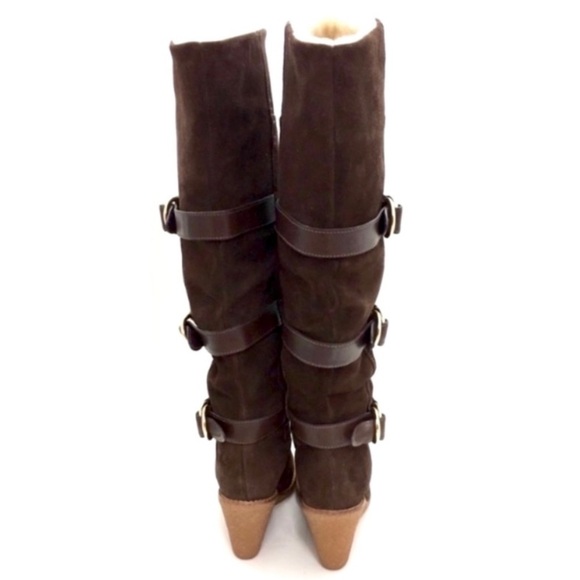 COLE Haan Michelle Belted Suede Fur Cuffs Knee High Wedge Boot Brown Size 5 - Picture 8 of 9